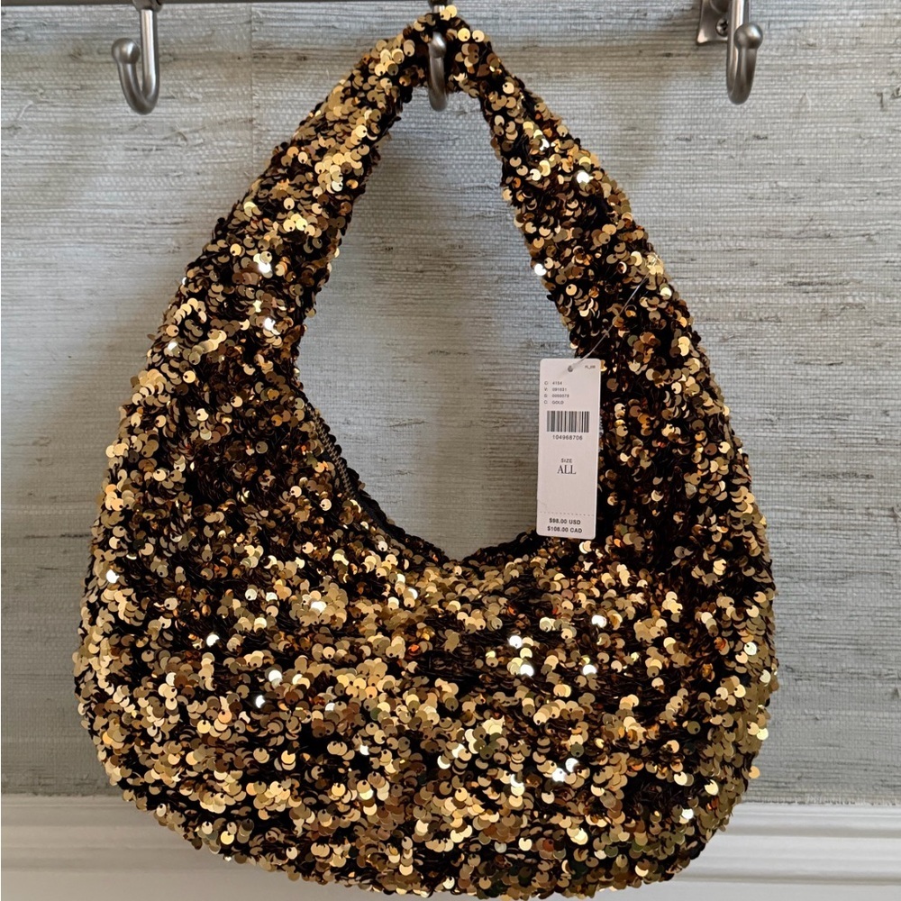 NWT new Anthropologie paillette sequin crescent bag gold purse - Picture 12 of 15